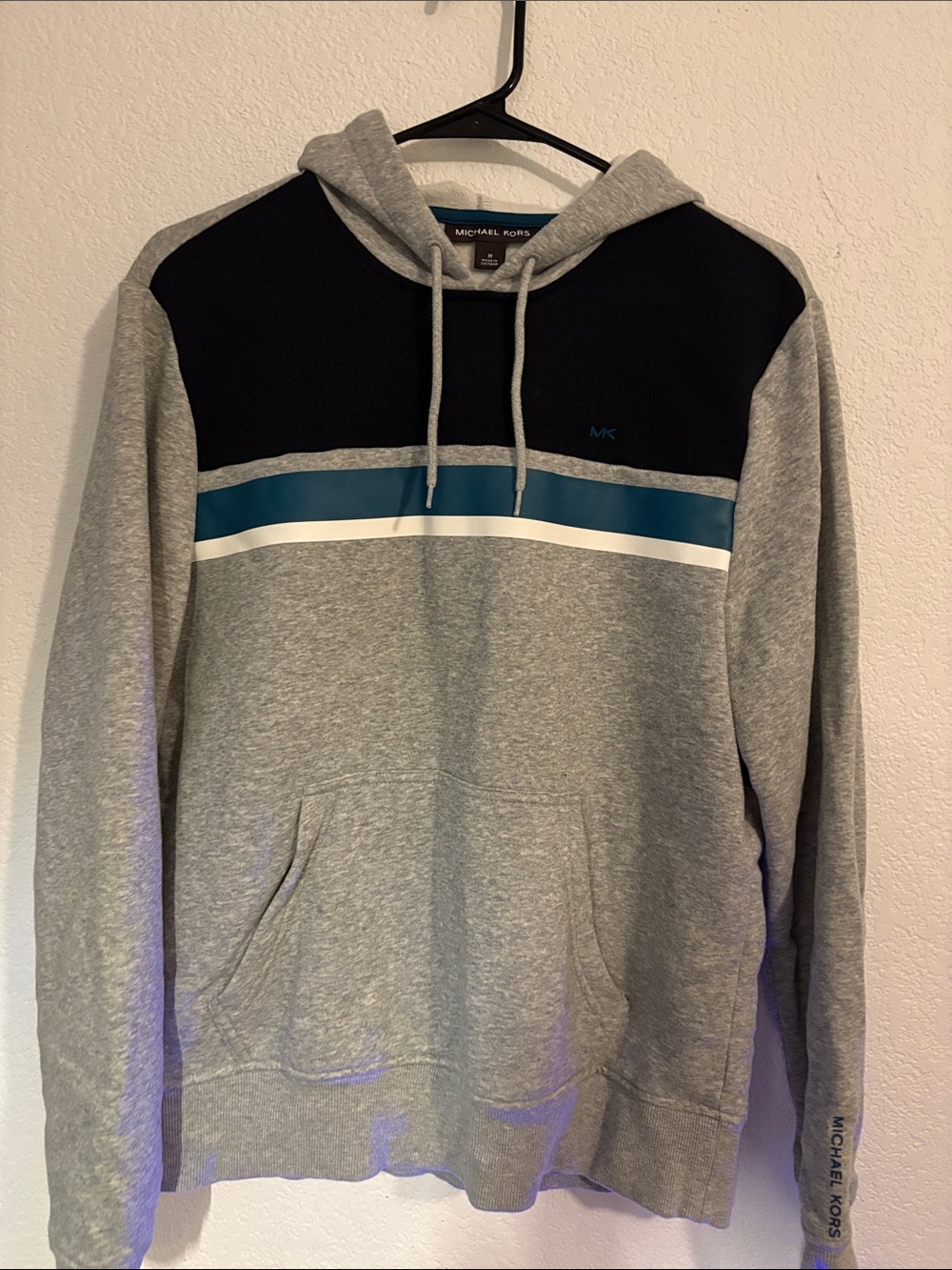Michael Kors Gray Hooded Sweatshirt with Black and Teal Stripe